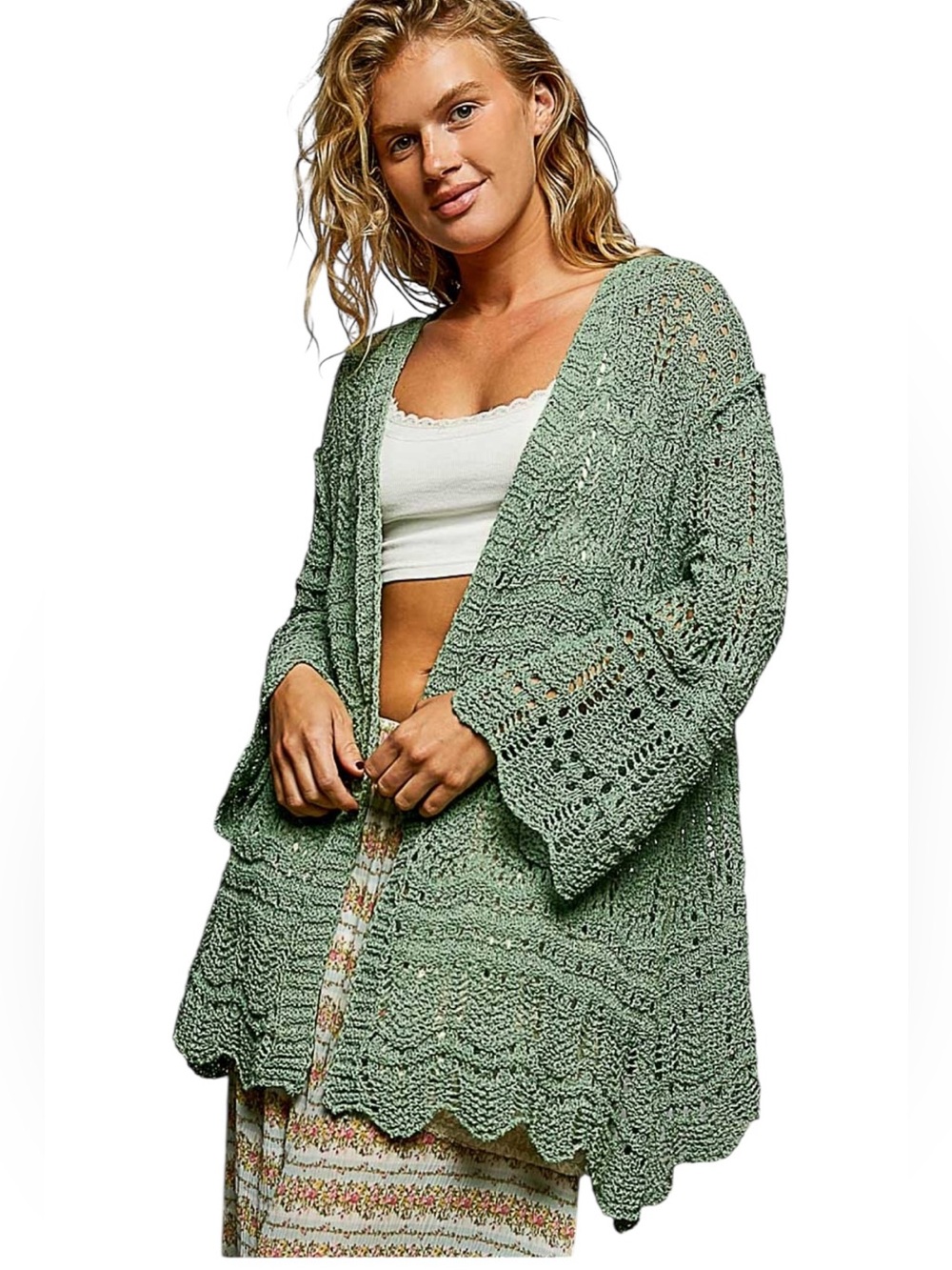 POL Green Crochet Long Bell Sleeve Cardigan